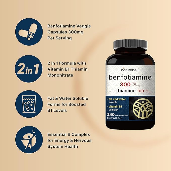 NatureBell Benfotiamine 300mg with Thiamine 100mg 240 Veggie B1 Benfotiamine