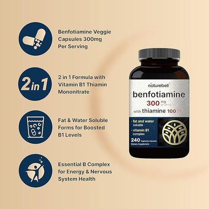 NatureBell Benfotiamine 300mg with Thiamine 100mg 240 Veggie B1 Benfotiamine