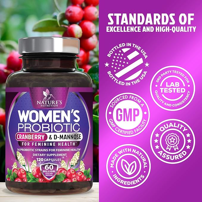 Probiotics for Women 60 Billion CFU & 16 Probiotic Strains with Prebiotics for Digestive Health, Womens Probiotic for Vaginal pH, Urinary & Immune Support with Cranberry, Gluten Free - 120 Capsules