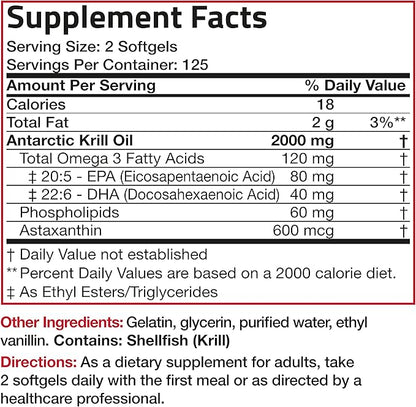 Bronson Antarctic Krill Oil 2000 mg Omega-3s EPA, 250 Softgels (125 Servings)