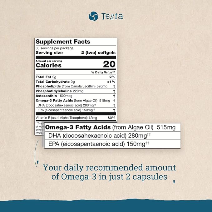 Testa Omega 3 Vegan Krill Supplement-1000mg 2 Times Omega-3, DHA, 60 Softgels