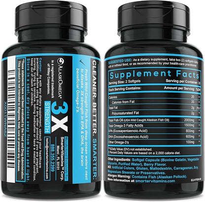 (5 Pack) Smarter Omega 3 Fish Oil, Berry Flavor, Burpless, Tasteless, 2000mg, Potent Triple Strength DHA EPA Brain Omega-3, Joint & Heart Support, Made with AlaskOmega®