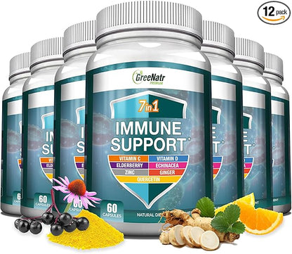 7 in 1 Immune Support Supplement D3, Zinc 50mg, Quercetin, 60 Capsules (12 Bottles)