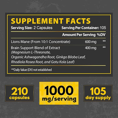 Lions Mane Supplement Capsules with Magnesium 210 Vegan