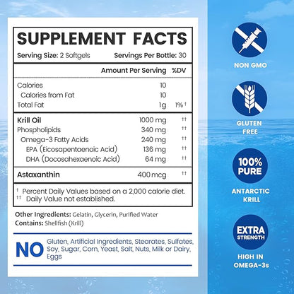 BioEmblem 3 Pack Antarctic Krill Oil 1000mg Softgels, Omega-3s Oil 180-Count Non-GMO, 90 Days