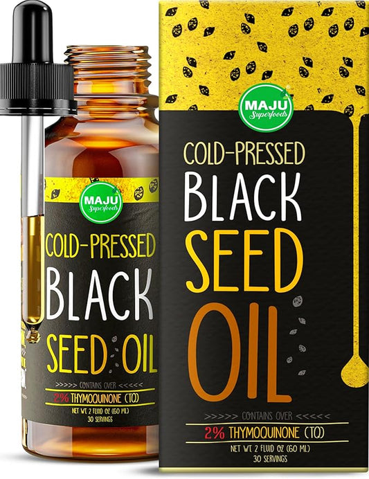 Maju Superfoods Black Seed Oil - 3 Times TQ, Cold-Pressed, Travel Size, 100% Turkish Black Cumin Seed Oil, Liquid Pure Blackseed Oil, Glass Bottle, 2 Oz