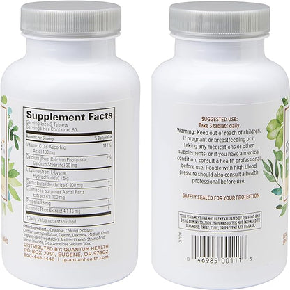 Quantum Health Super Lysine+ / Advanced Formula Lysine+ Immune Support with Vitamin C, Echinacea, Licorice, Propolis, Odorless Garlic (180 Tablets), Packaging may vary