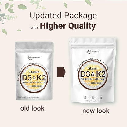 2 Pack Vitamin D3 10000 iu K2 (MK-7) (MK-7) 200 200 mcg, 300 Virgin 2 in 1 Vitamins