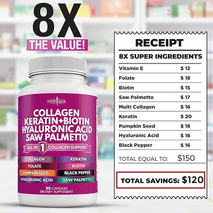 Collagen Pills 1000mg Biotin 10000mcg Keratin 2500mg Hyaluronic 180 Count