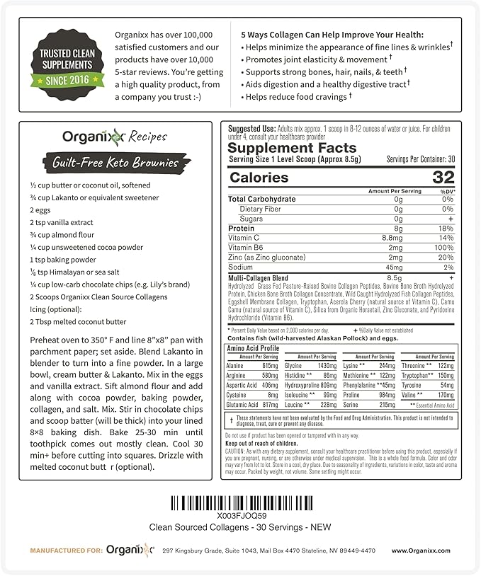 Organixx Clean Sourced Collagen Powder, Hydrolyzed (30 Servings)