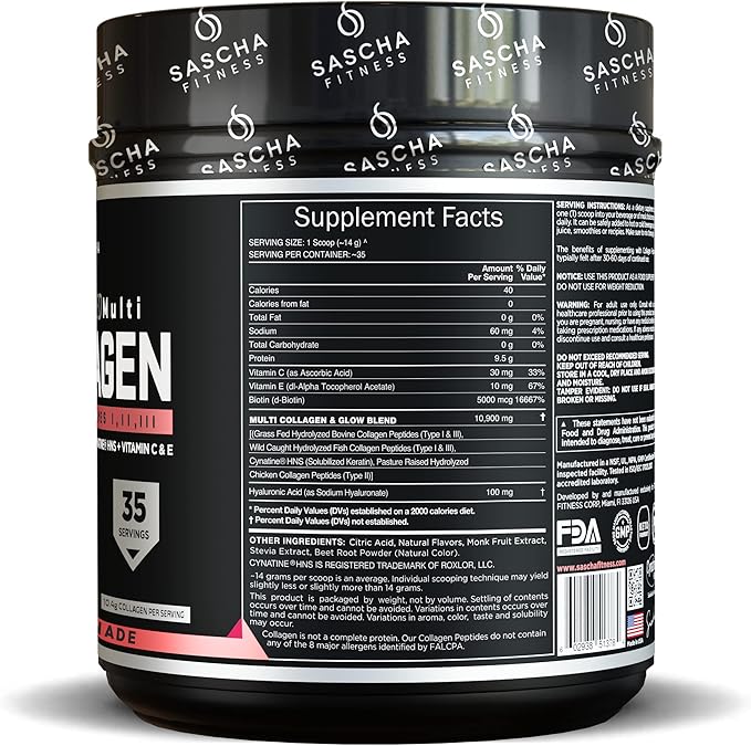 SASCHA FITNESS Hydrolyzed Multi Collagen Peptides 1,2 & 3 |Hyaluronic