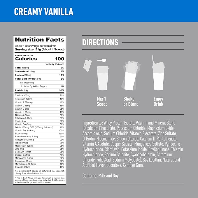 Isopure Zero Carb 100% Pure Whey Isolate Protein Powder, Lactose Free, Gluten Free, With Vitamins, Creamy Vanilla, 25g Protein Per Serving, 7.5 Lbs, 110 Servings
