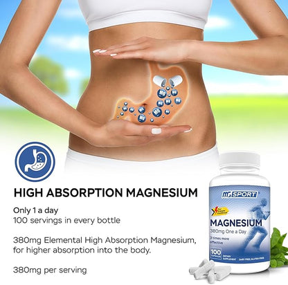 Magnesium Supplement Complex MGSPORT - High Absorption Supplement with Vitamins B6, D, E - Relieves Leg Cramps & Muscle Support - 100 Servings