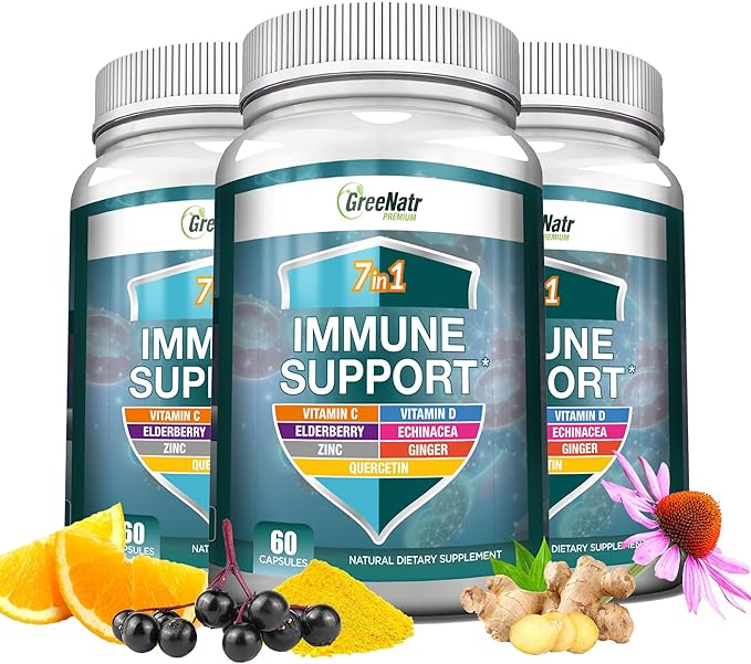 7 in 1 Immune Support Supplement D3, Zinc 50mg, Quercetin, 60 Capsules (3 Bottles)