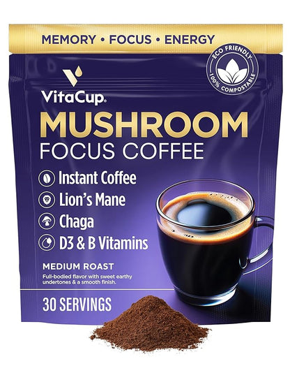 VitaCup Focus Mushroom Instant Coffee | For Memory & Clarity Support | with Fiber, Chaga, Lion’s Mane | D3 & B Vitamins | Medium Roast 100% Arabica & Robusta Instant Coffee | 30 Servings