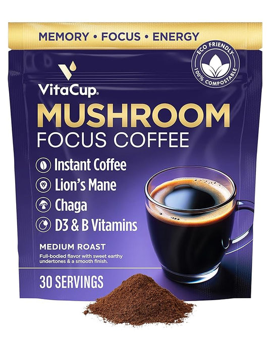VitaCup Focus Mushroom Instant Coffee | For Memory & Clarity Support | with Fiber, Chaga, Lion’s Mane | D3 & B Vitamins | Medium Roast 100% Arabica & Robusta Instant Coffee | 30 Servings