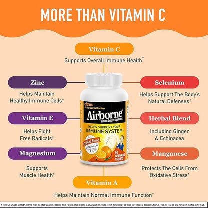 Airborne 1000mg Chewable Tablets with Zinc, Immune Support Supplement with Powerful Antioxidants Vitamins A C & E - 96 Tablets, Citrus Flavor