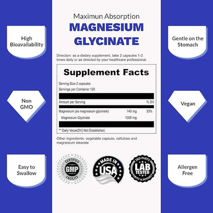 UpNourish Chelated Magnesium Glycinate 500mg Capsules - Magnesium Chelate for High Absorption - Pure Magnesium Supplement for Calm, Leg Cramps, Muscle Relaxation 480 Capsules