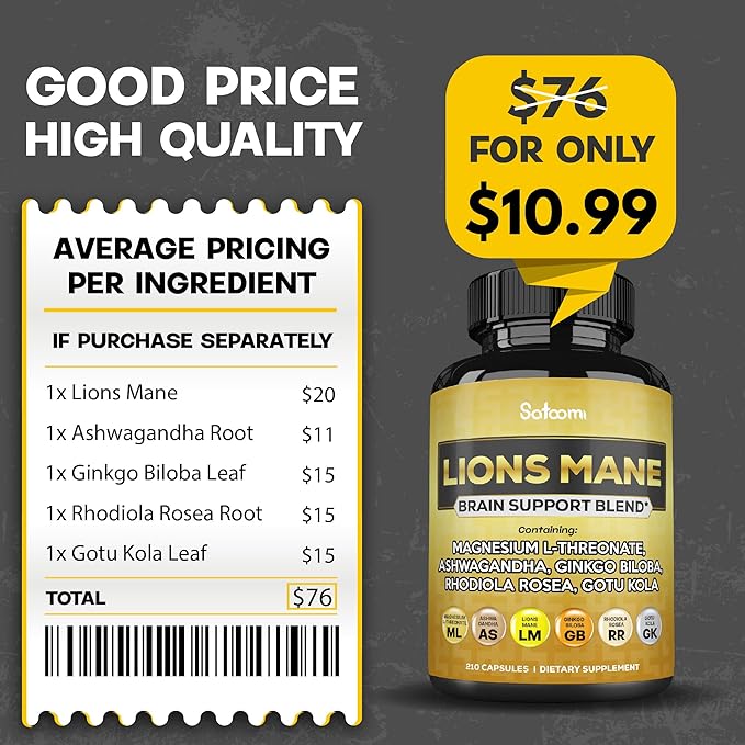 Lions Mane Supplement Capsules with Magnesium 210 Vegan