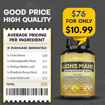 Lions Mane Supplement Capsules with Magnesium 210 Vegan