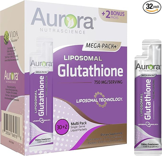 Aurora Nutrascience Mega-Liposomal Liquid Glutathione, Immune System Support, Antioxidant, 750 mg per Serving, 32 Packets, Non-GMO, Sugar-Free, 21.7 fl oz (640 mL)