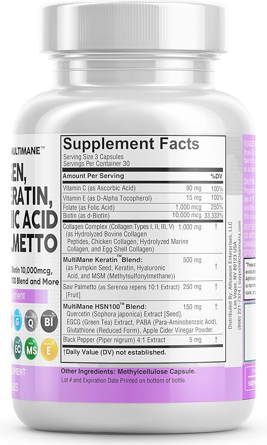 Collagen Pills 1000mg Biotin 10000mcg Keratin 2500mg Hyaluronic 90 Count