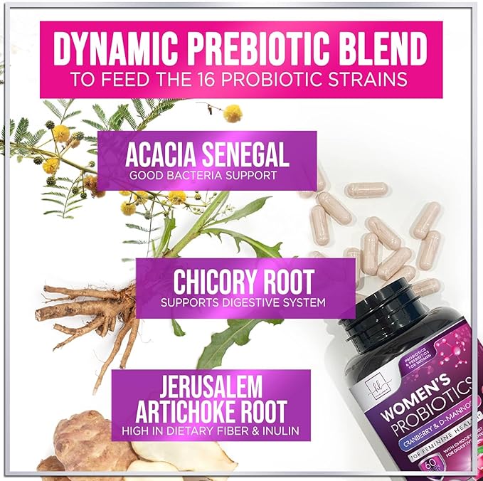 Probiotics for Women 60 Billion CFU, 16 Strains for pH Balance, Vaginal & Digestive Support, Womens Probiotic and Prebiotic + Cranberry for Gut, Urinary & Immune Support, Shelf Stable - 120 Capsules