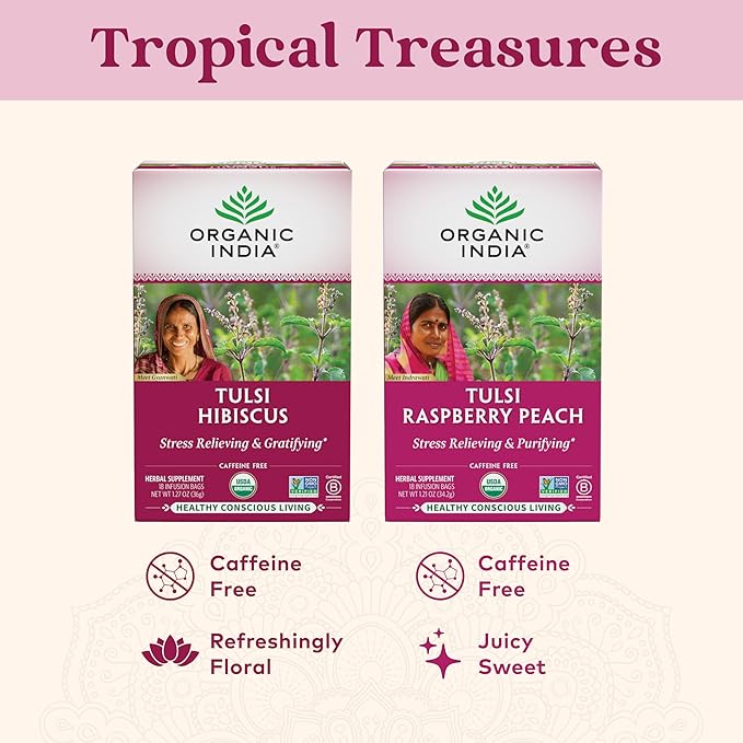 Organic India Tulsi Hibiscus Tea Bags - Holy Basil Herbal Tea, Stress Relieving, Immune Support, USDA Organic, Calming, Caffeine Free- 18 Bags, 6 Pack