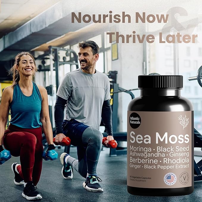 Atlantic Naturals Sea Moss Black Seed Oil Ashwagandha Ginger Capsules. Sea Moss with Black Seed Oil, Ashwagandha, Ginseng, Moringa Pure Supplement, 9-in-1 6,027 mg/Serving (60 Capsules)