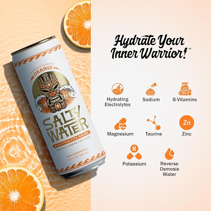SaltyWater Electrolyte Drink, Orange – Zero Sugar Premium Hydration Drink, 10 Calories, Minerals, Taurine, B-Vitamins, Non-Carbonated - Zero Caffeine Electrolyte Sports Drink - Keto, Paleo, Vegan - 12 Pack (12 oz)