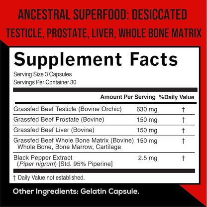 Wild Foods Men's Vitality Formula – Grass-Fed Bovine Supplement & Beef Liver Capsules with Testicle, Prostate, Whole Bone | Primal and Carnivore Diet Approved | 90 Organ Meat Capsules (30-Day Supply)