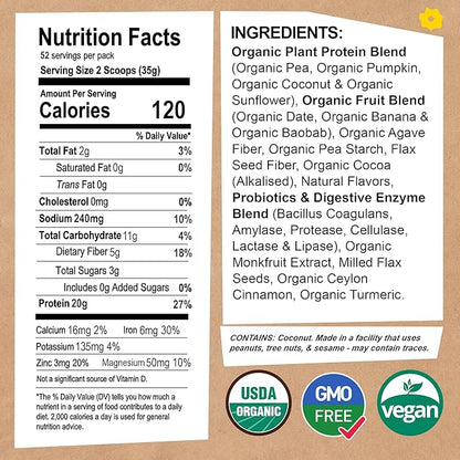 EarthChimp Organic Vegan Protein Powder - with Probiotics - Non GMO, Dairy Free, Non Whey, Plant Based Protein Powder for Women and Men, Gluten Free - 52 Servings 64 Oz (Vanilla)