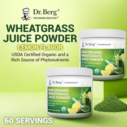 Dr. Berg USDA Certified Organic Green Powder Superfood (60 Servings) - Made with Raw Wheatgrass Powder, Chlorophyll, Trace Minerals & Natural Enzymes - Non-GMO Green Superfood Powder - Lemon Flavor