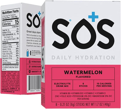 SOS Hydration Electrolyte Powder Drink Mix Packets | Daily Hydration & Energy | Added Essential Vitamins | Low Sugar | 8 Servings (Watermelon)