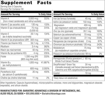 Bariatric Advantage Ultra Multivitamin with Iron - Ultra Multi with Iron - Capsule Format Multivitamin - Provides Full Complex of B Vitamins - with Vitamin C, Chromium & More - 270 Capsules