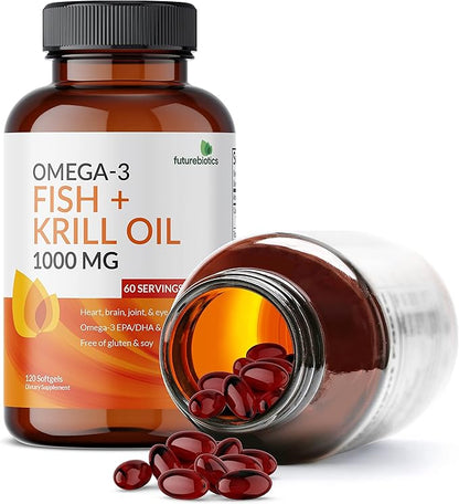 Futurebiotics Omega-3 Fish + Krill Oil 1000 MG Omega-3 EPA/DHA 120 Softgels (60 Servings)