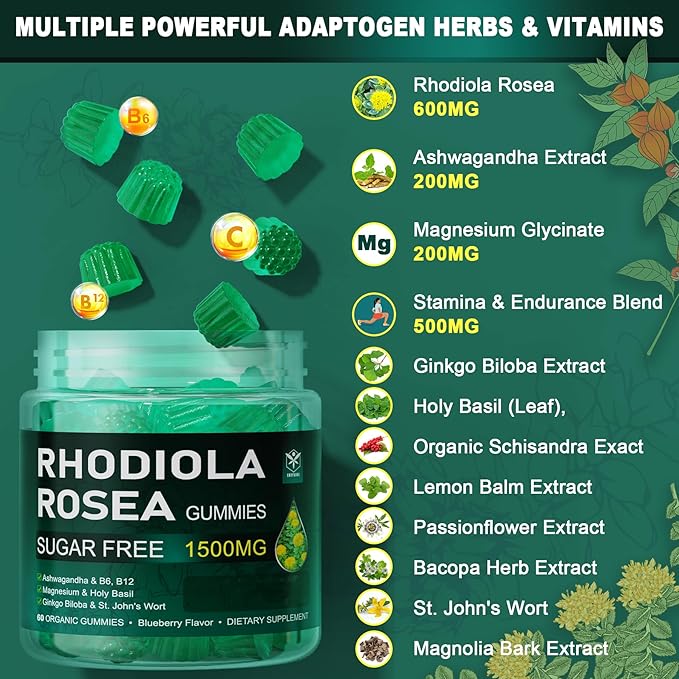 Sugar Free Rhodiola Rosea 600mg Ashwagandha 200mg Magnesium 200mg, Energy 500mg with
