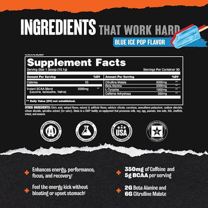 Animal Fury Pre Workout Powder - Energy and Focus Supplement with 5g BCAA, 350mg Caffeine Nitric Oxide Booster with Beta-Alanine, Preworkout for Men and Women, Blue Ice Pop Flavor, 30 Servings
