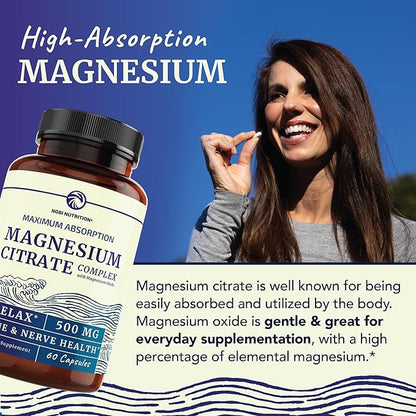 Magnesium Citrate Complex 500 MG for Calm, Relaxation, Constipation & Digestion Support | High Absorption Magnesium Supplement with Elemental Mag Oxide | Non-GMO, Soy-Free | 60 Ct (2 Month Supply)