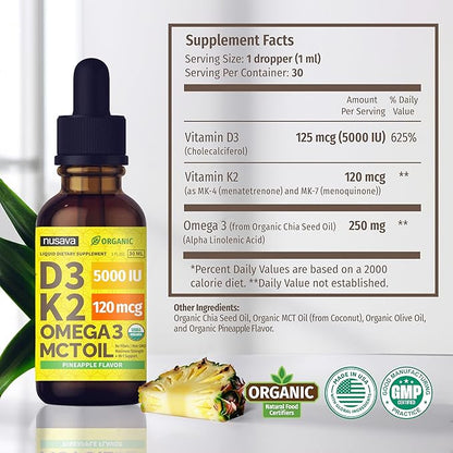 (2 Pack) Organic Vitamin D3 K2 Drops with MCT Oil Omega 3, Maximum Strength Vitamin D Liquid 5000 IU, No Fillers, Non-GMO Liquid D3 for Faster Absorption and Immune Support (Pineapple, 2 Fl Oz)