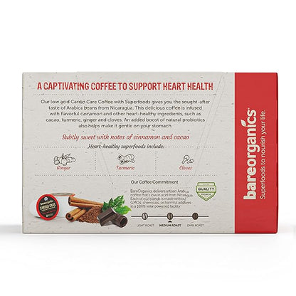 BareOrganics 13313 Cardio Care USDA Organic Coffee Pods, Compatible Organic Coffee Pods, Infused with Superfoods & Probiotics, Vegan Friendly, Gluten Free, 10 Single Serve Cups