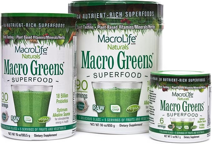 MacroLife Naturals Macro Greens Powder 38 Superfood Probiotic Antioxidant Enzyme & Herbal Supplement Immunity Energy Cleanse - Non-GMO Vegan Gluten-Free Dairy-Free - 2 oz (6 Servings)