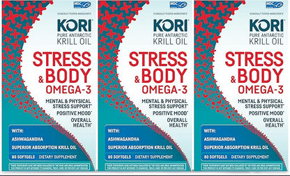 Kori Stress & Body Adaptogen Supplement - Krill Oil & Ashwagandha/Omega-3 Fatty Acids for Heart, Brain, Eye, & Joint Health/Occasional Stress, Mood, & Sleep Support / 80 softgels (Pack of 3)