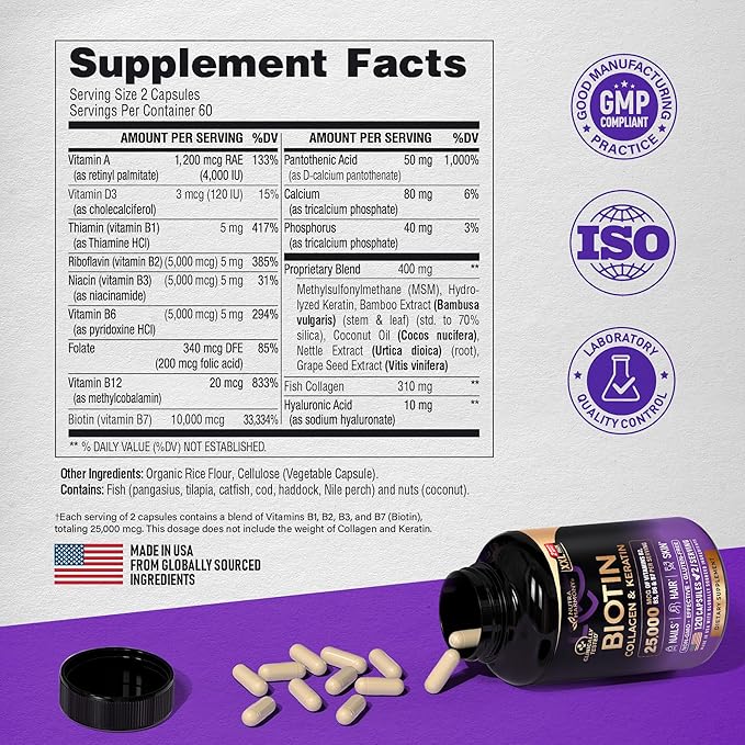 Biotin | Collagen | Keratin - 25,000 mcg B2, B3, B3, B6 B6 & B7 - 120 Capsules, 2 Capsules