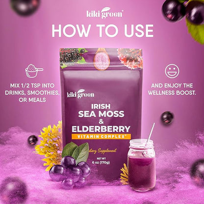 KIKI Green Sea Moss Powder with Elderberry - Vegan Superfood Multivitamin Blend - for Immune Boost and Support - Add to Smoothies, Juice, 6 oz