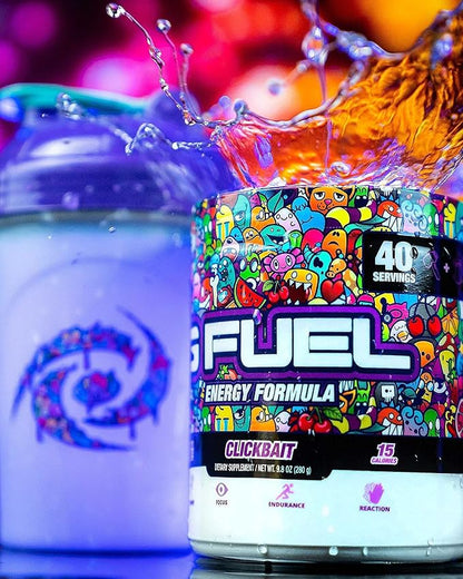 G Fuel Clickbait Energy Drink Powder, Pre Workout Caffeine Mix for Gaming, Sugar Free Focus Amino, Vitamin + Antioxidants, 9.8oz (Cherry Pomegranate, 40 Servings)