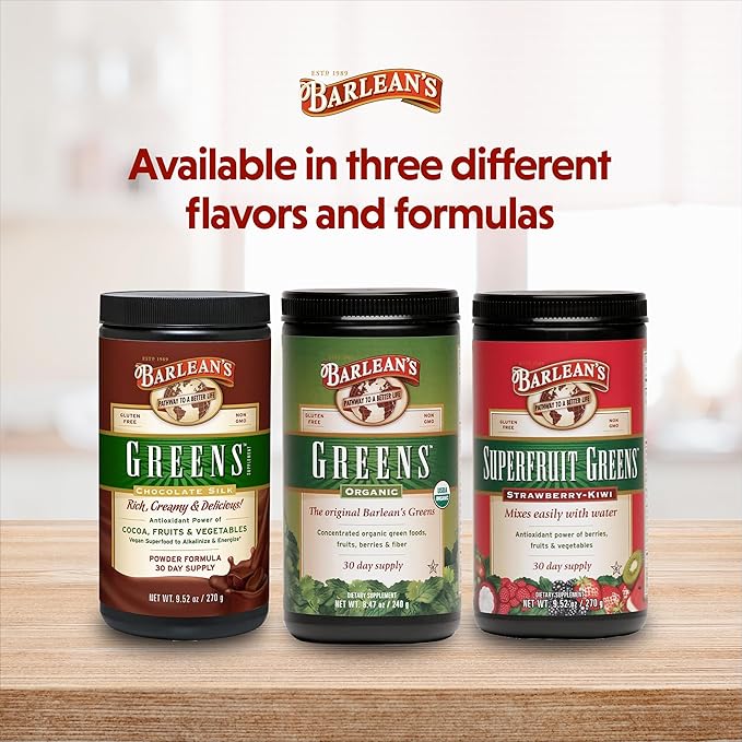 Barlean's Chocolate Greens Powder, Daily Fruits and Veggies Superfood Supplement, Green Antioxidant Blend and Fiber Super Power Smoothie Mix, 9.52 oz