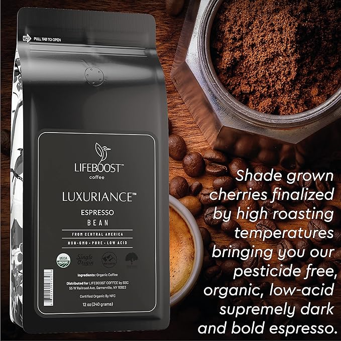 Lifeboost Coffee Espresso Whole Beans Coffee - Low Acid Single Origin USDA Organic Coffee - Non-GMO Espresso Coffee Third Party Tested For Mycotoxins & Pesticides (Espresso Whole Bean 12oz x 3 pack)