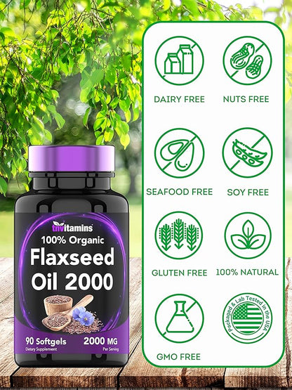 Organic Flaxseed Oil Softgels: 2000 mg 90 Softgels Omega-3 Fatty