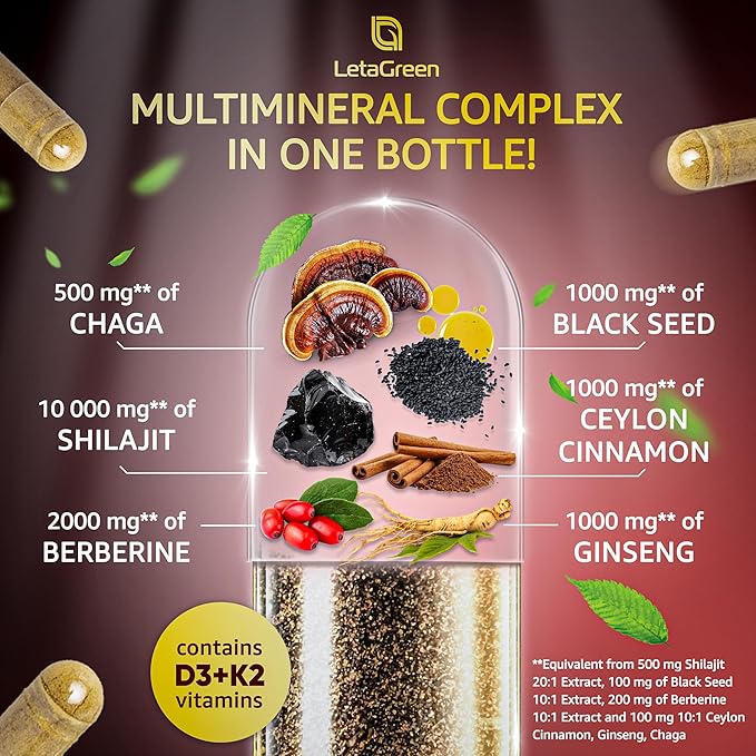 Pure Himalayan Shilajit Capsules 10,000mg 1000mg Berberine 2000mg Cinnamon 1000mg Ginseng 1000mg Chaga 500mg (120 (120 Count) All-in-1 Fulvic